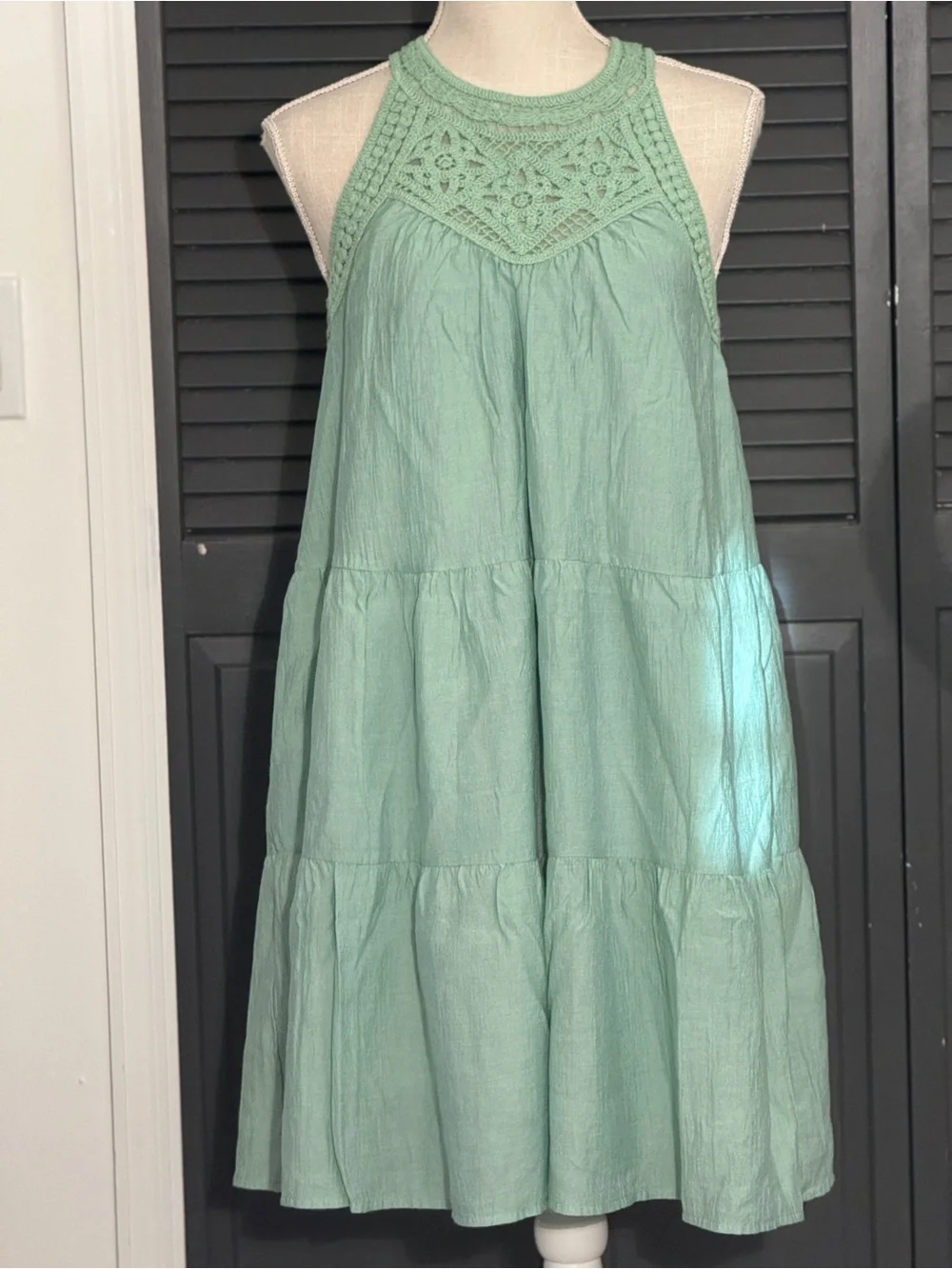 BTFBM Sage Green Crochet Halter Tiered Babydoll Dress Size M